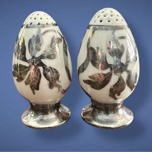 Vintage Porcelain White Silver Floral Salt Pepper Shakers